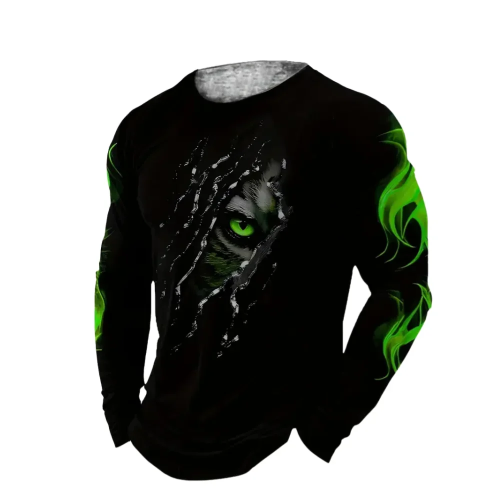Men Clothing 3D Print Flame Scratch T-Shirt Autumn Daily Casual Round Neck Long Sleeve Pullover Loose Creative Comfortable Tops