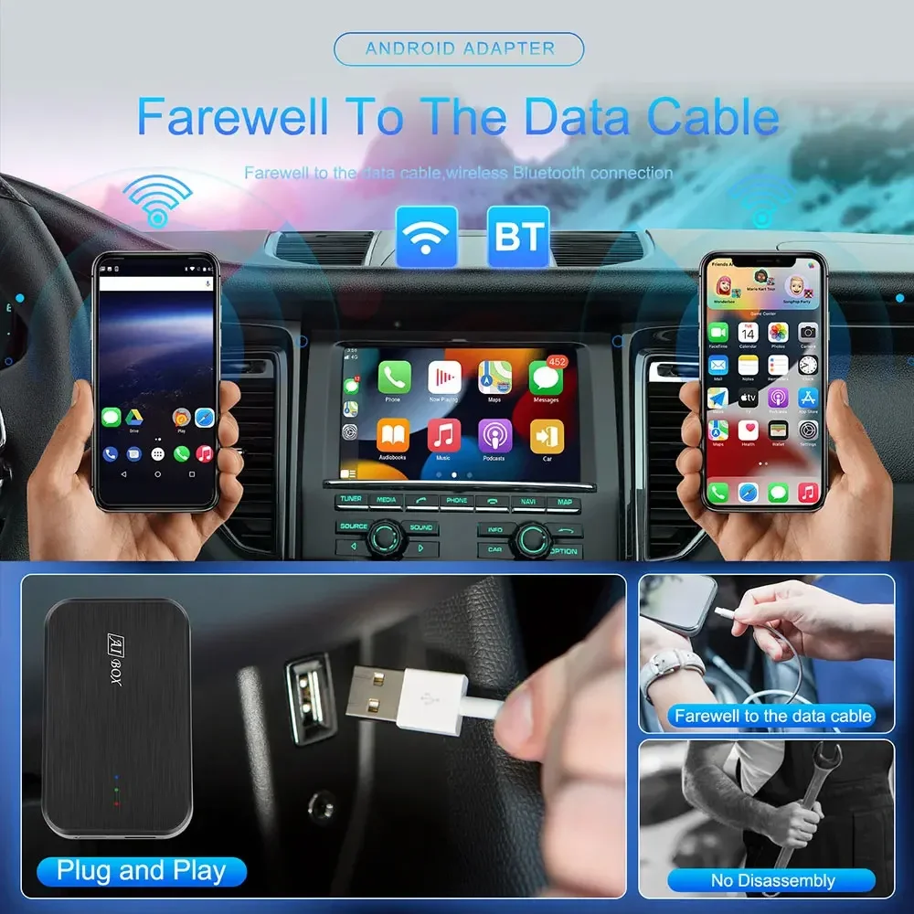 متوفر في المخزون صندوق AI للسيارة الجديد لمحول CarPlay السلكي CarPlay اللاسلكي Android Auto الوسائط المتعددة Car Play TV Box YouTube Netflix Acces