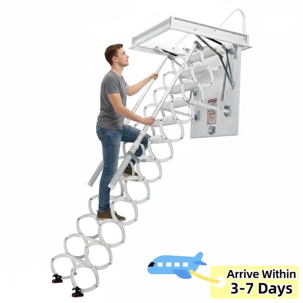 

12 Steps Ceiling Mounted Attic Ladder with Handrails Foldable Loft Step 660LBS Capacity Height Adjustable For Home Duplex Villas