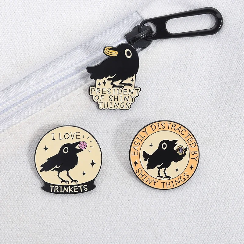 

Crow Gem President Of Shiny Things Enamel Pin Easily Distracted By Shiny Things Brooches Clothes Lapel Badge Animal Jewelry Gift