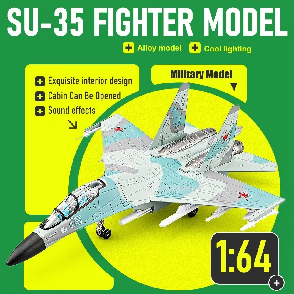 

1:64 Scale Su-35 Fighter Model Toys Metal Diecast Military Aircraft Models Sound Light Foldable Nasal Wheel Pull Back Ornaments