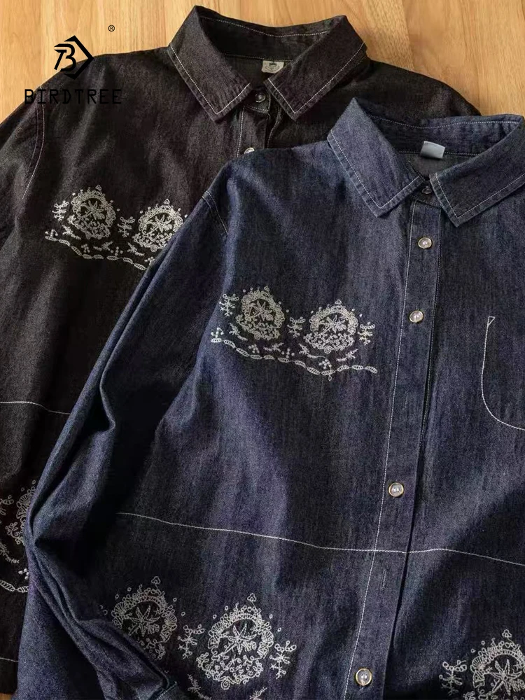 

New 2025 Spring Denim Long Sleeve Shirt, Women Turn-down Collar Embroidery, Mori Girl Retro OL Versatile Loose Blouse T53234CC