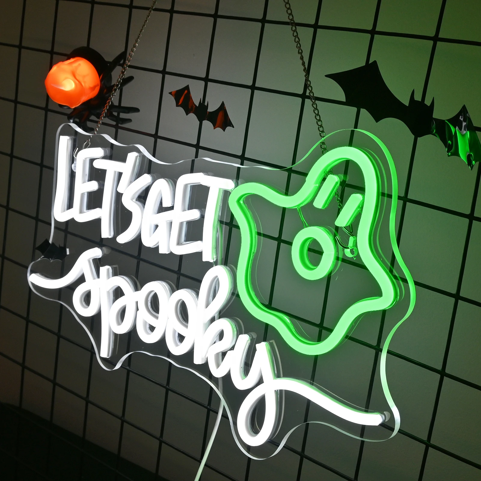 Let's Get Spooky Neon Schild Halloween Dekoration für Wohnzimmer Party Feiern Halloween Home Shop Wanddekoration Dimmbare USB Led