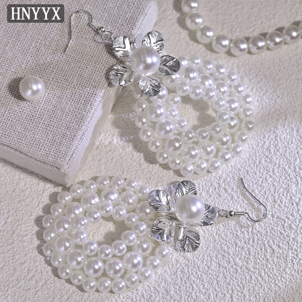 HNYYX موضة اللؤلؤ الأقراط الطويلة هندسية مستديرة ياردروب للنساء زهرة أقراط العروس مجوهرات الزفاف اكسسوارات B13