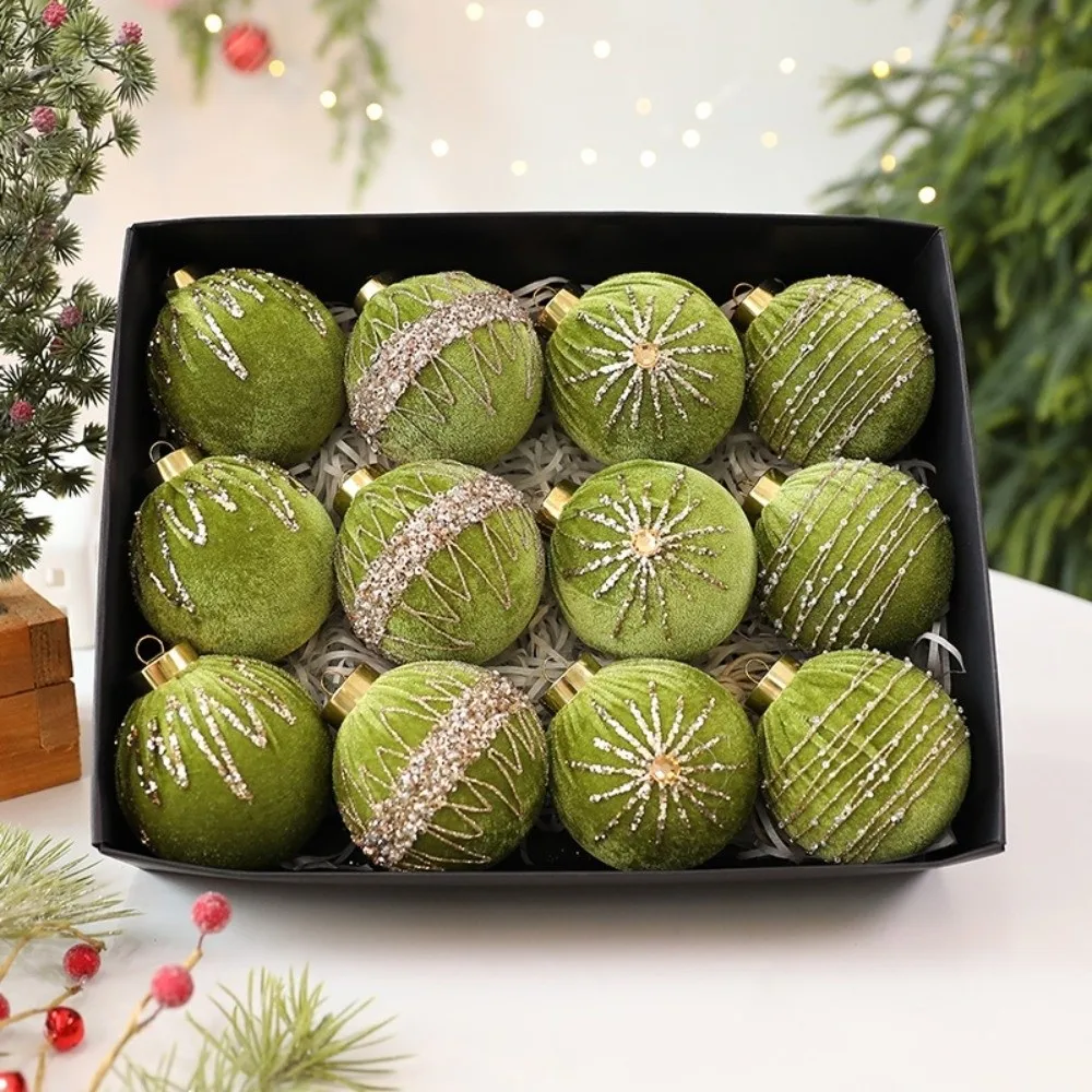 

12pcs/set 8CM Christmas Ball Ornaments Sparkling Flocking Christmas Spheres Velvet Plastic Xmas Window Decor Wreaths Decor