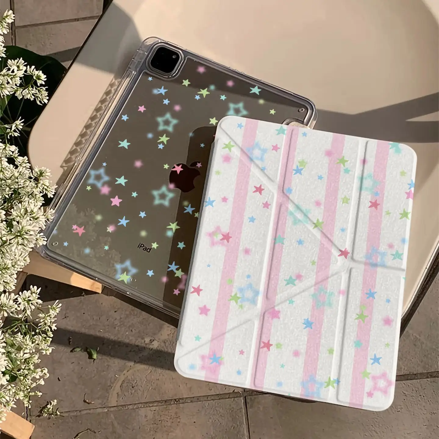 Cute Striped Pink Star Tablet Case For iPad Pro 11 12.9 13 A16 M2 M4 M3 M5 Shell 9.7 10.2 5/6/7/8/9/10/11th Mini Air 3 4 5 Cover