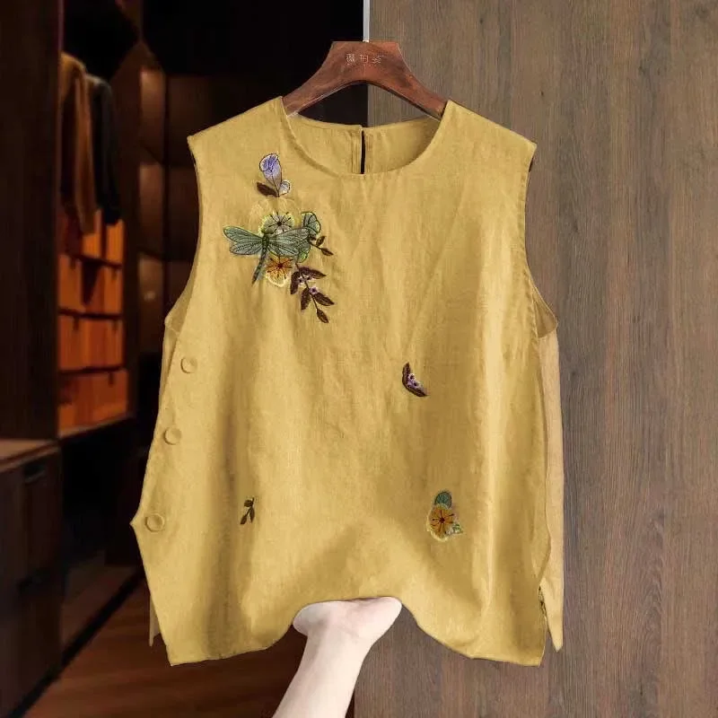 Chaleco Informal Holgado sin Mangas con Cuello Redondo y Bordado de Libélula en Color Amarillo Mostaza para Mujer