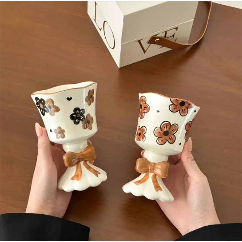 Creative Ceramic High-stem Cup with Bow and Flower Pattern Breakfast Milk Mug Exquisite Afternoon Tea Floral Tea Coffee Cup Gift