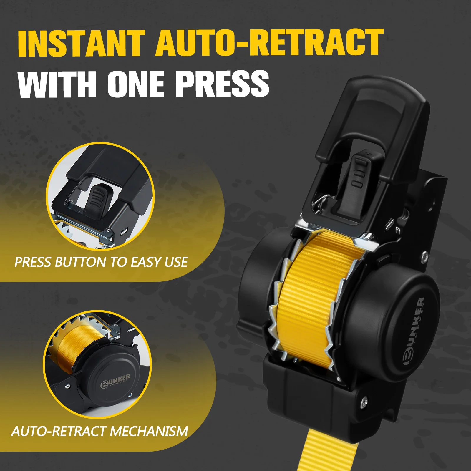 BUNKER INDUST Auto Retractable Ratchet Tie Down Straps 10ft 1530lbs Break Strength with Safety Clips for Trailer Truck ATV