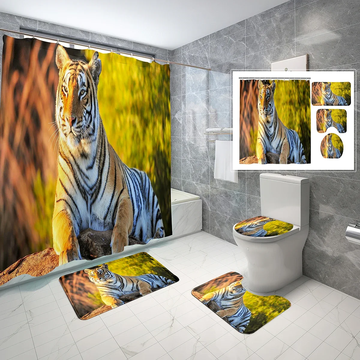 4 Pcs Aesthetic Tiger Shower Curtain Set Gorgeous Bengal Tiger To Film Shower Curtain Bathroom Non-Slip Bath Mat Toilet Cover