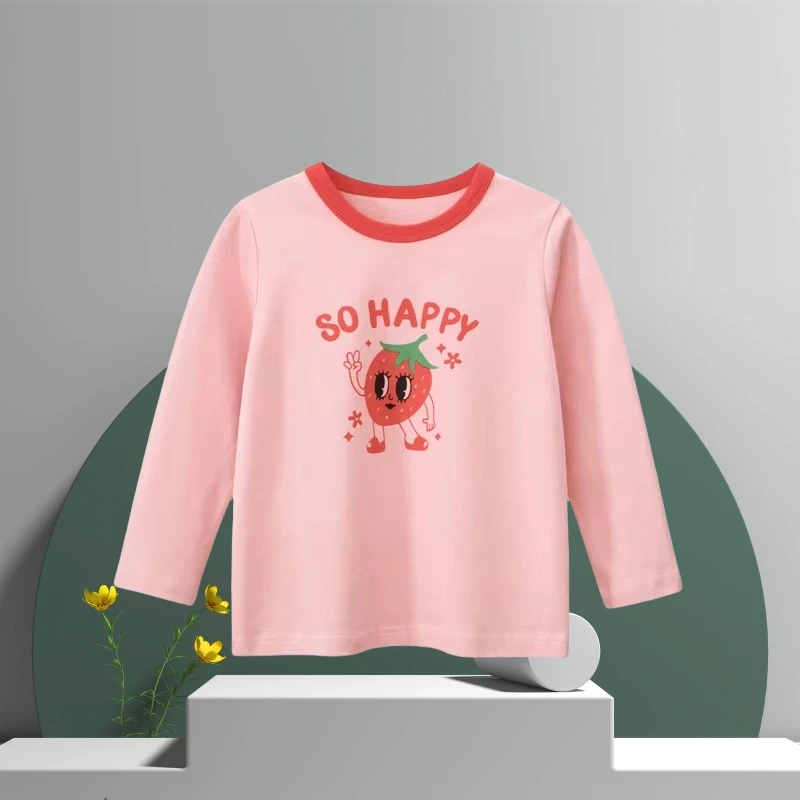 Kids Undershirt Children Long Sleeve T-Shirt 2025 Spring Autumn Cartoon Strawberry Print Girls Bottoming Shirt 2-9Y Dropshipping