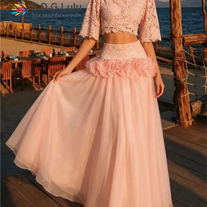 EDGLuLu Round Neck Short Sleeved Hollowed Lace Top +High Waisted Lace Patchwork Mesh Long Skirt White Two Piece Set 0821