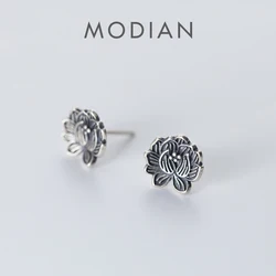Modian Vintage Charm Black Lotus Stud Earrings for Women Classic Exquisite Trendy Jewelry 925 Sterling Silver Fine Brincos
