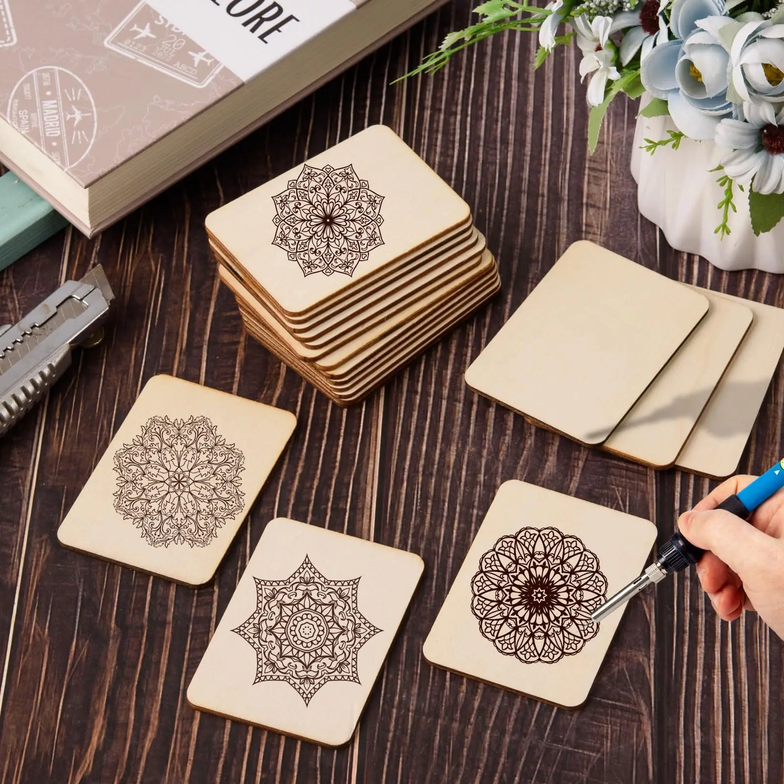 45 قطعة/المجموعة/مجموعة مستطيلات خشبية غير مكتملة مع زوايا مستديرة علامات خشبية علامة مرجعية حبل القنب لعائلة اللوحة اليدوية ذاتية الصنع #5