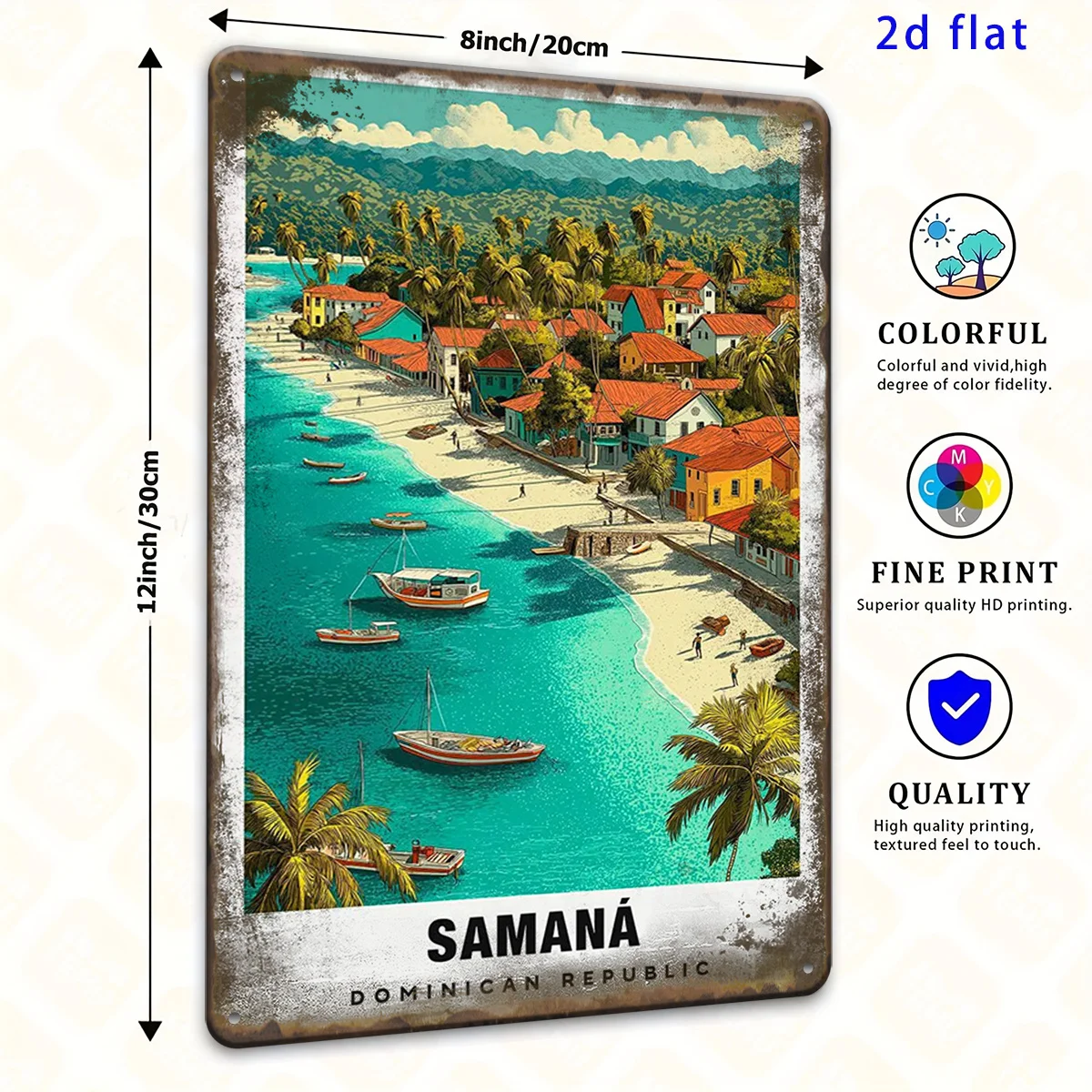 2D Flat, 7.87X11.81inch Thickened Retro Painting, 2D Flat 1pc Samana Dominican Republic Landscape Coastal Retro Metal S