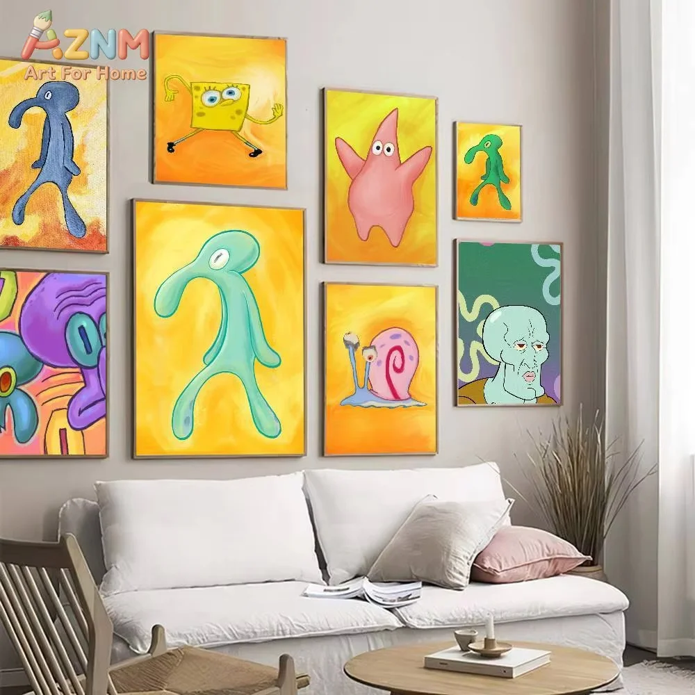 1pc AZMN SpongeBob SquarePants Abstract Character Frameless Canvas Wall Art, Cute Cartoon Print Kids Room Decor,  Painting