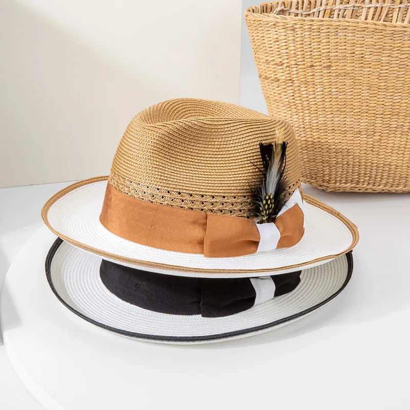 

New 2025 Spring Summer Khaki Cowboy Hats For Men Women With Feather Decorative Rolled Brim Jazz Panama Hat Gentleman Black Cap