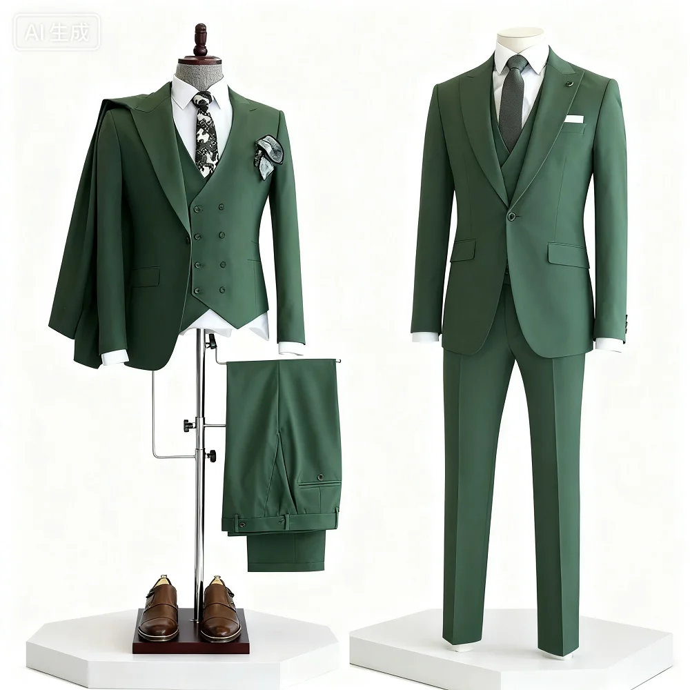 

Green Slim Fit Men's Dress Suit One-Button Peak Lapel Wedding Smoking Terno Masculino Jacket Pants Tie Set