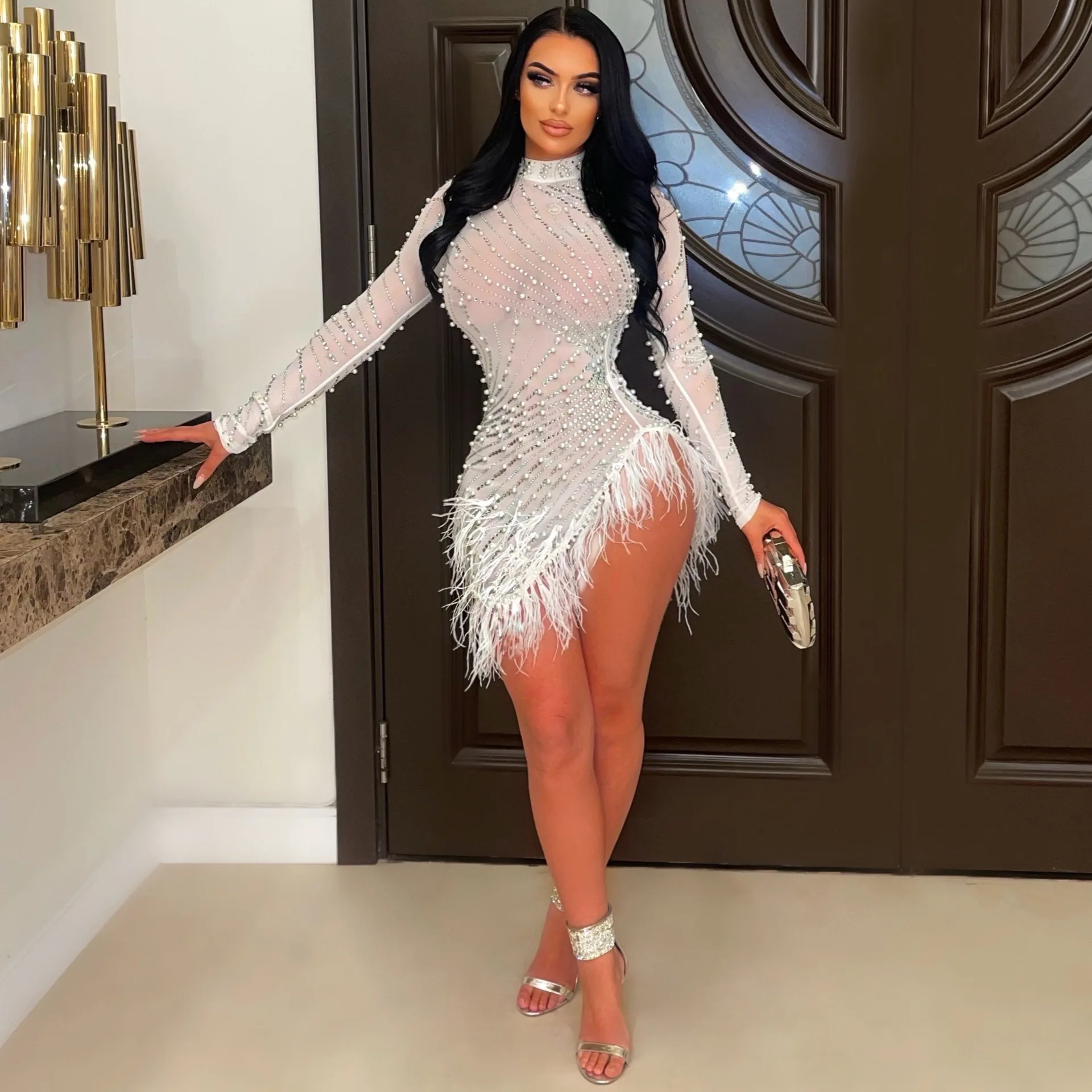 

Sexy Mesh Nightclub Party Dresses for Women Diamonds Long Sleeves Mini Dress Autumn High Waist Split Tassel Lady Evening Dresses