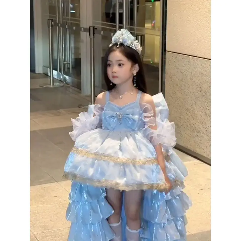 Summer Backless Lolita Ball Gown Dress Girls Kids Sets Princess Shiny Skirts Birthday Party Childrens Gauze Clothing Sundress