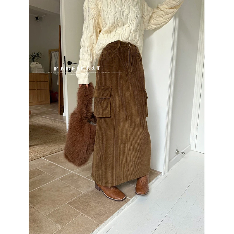 

MEXZT Vintage Midi Cargo Skirt Women Streetwear Corduroy Slit A Line Skirts Harajuku Korean High Waist Split Skirt Autumn Winter