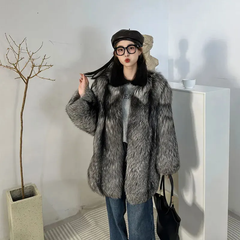 

High-End Elegant Fur Coat For Women 2025 Winter Eco Friendly Silver Fox Faux Fur Thickened Warm Artificial Fur Overcoat Female