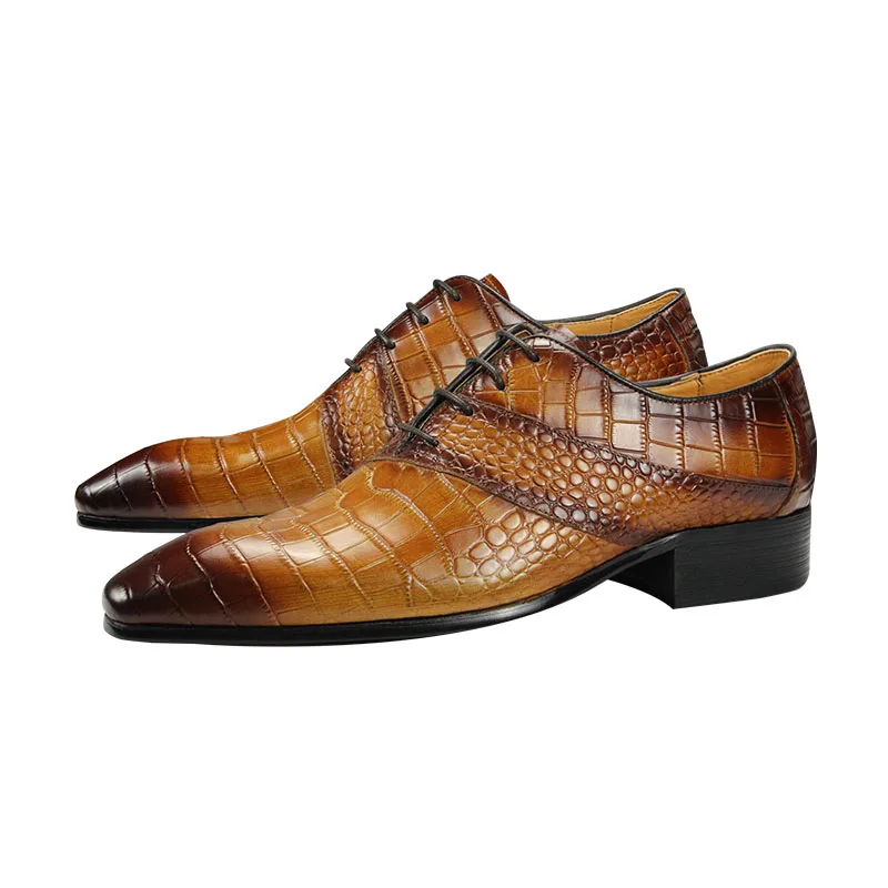 Zapatos de vestir Oxford de cuero marrón para hombres, punta estrecha, Derby, boda, negocios, diseño especial, grano de cocodrilo, zapatos genuinos,