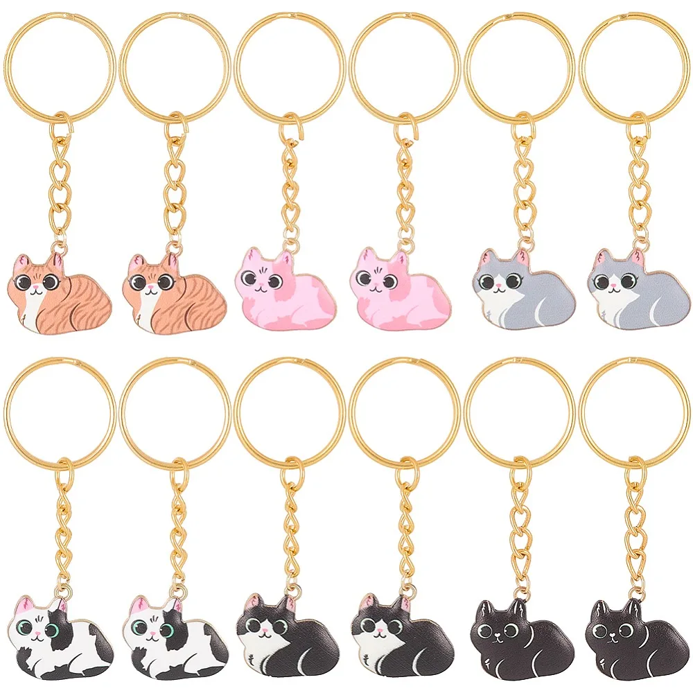 

12Pcs 6 Styles Cat Alloy Enamel Keychain with Iron Findings Golden 7.3cm 2pcs/style