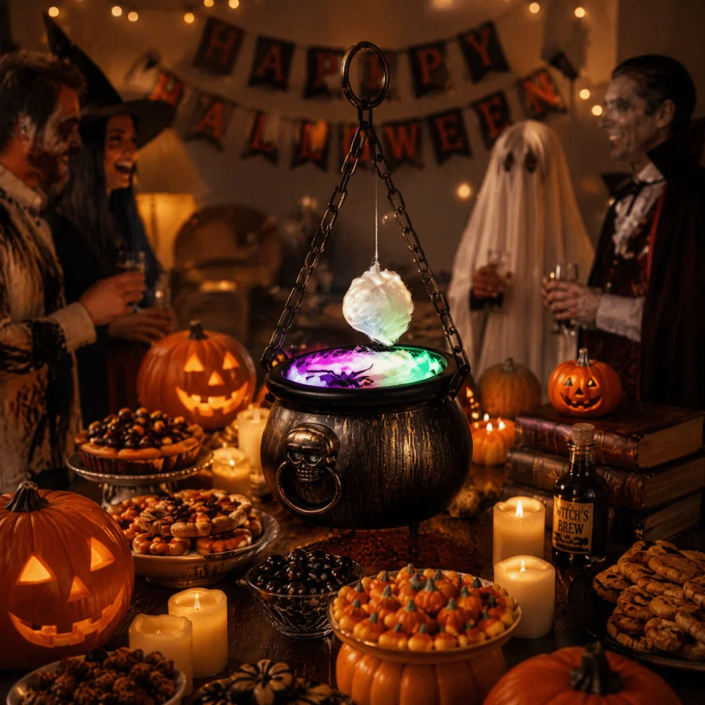 Decor Black Witch Cauldron Colorful Glowing Halloween Cauldron Chain Loop Color Changing Light Lighted Cauldron Halloween