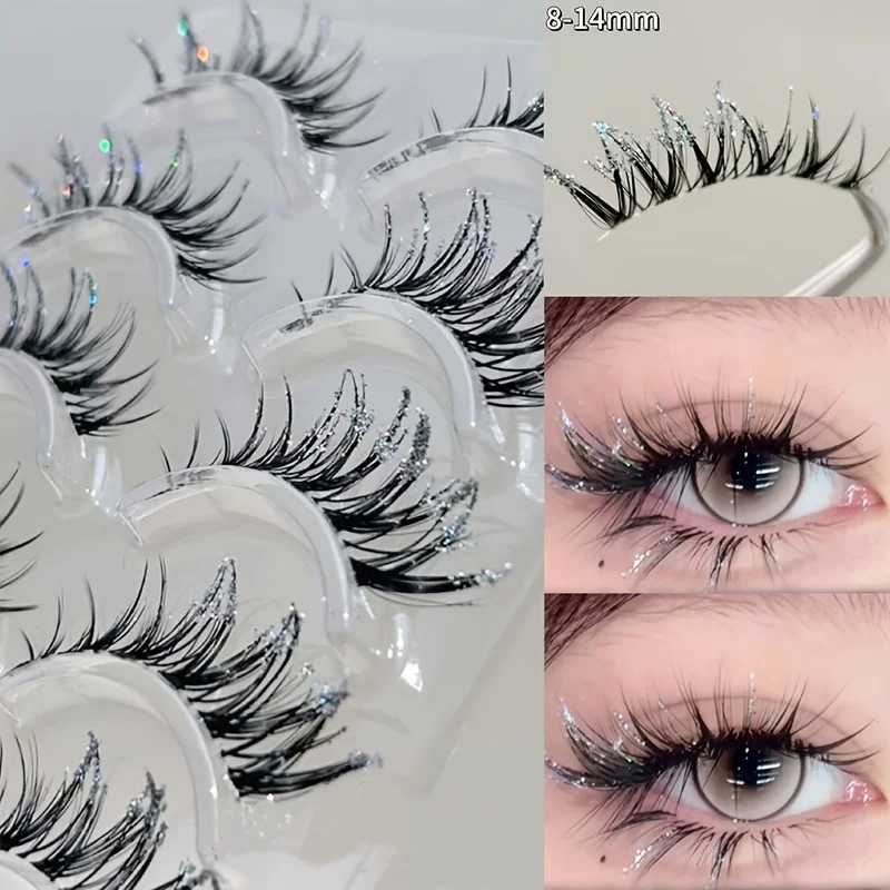 Mixiaohe Diamond Shimmer Eyelashes 5 Pairs C Curl Thin Band Dazzling Look Ideal for Party Festival Stage Makeup