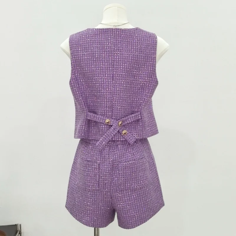 French Single-breasted Sequined Tweed Short V-neck Vest Women's Fashion Casual Party Small Fragrance Shorts Two-piece Set Summer