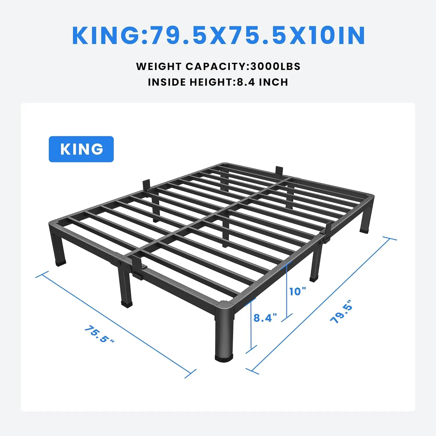 King Size 10 Inch Heavy Duty Metal Platform Bed Frame, Holds Up to 3000 LBS with Durable Steel Slat Support, Noise Free Bed Base Equipped with Round Corner Legs, No Box Spring Required, Simple Easy Assembly