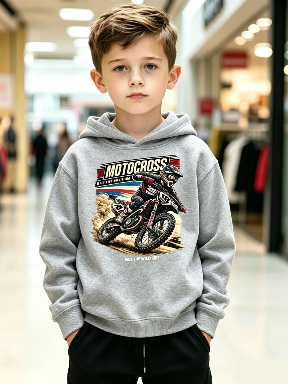 Teen Boys Kids Motocross Graphic Printed Hoodie Light Grey Biker Sweatshirt Y2K Casual Loose Autumn Winter Outerwear