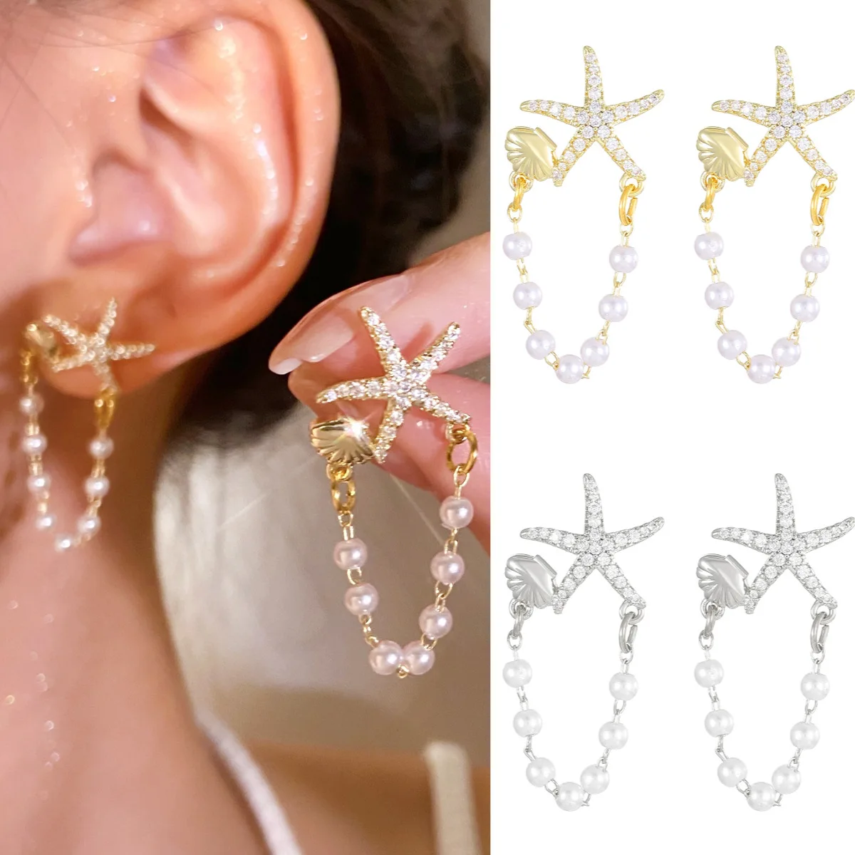 Korean Fashion Crystal Starfish Shell Tassel Pearl Earrings For Women Jewelry 2024 Trending New Luxury Bohemian Holiday Earrings