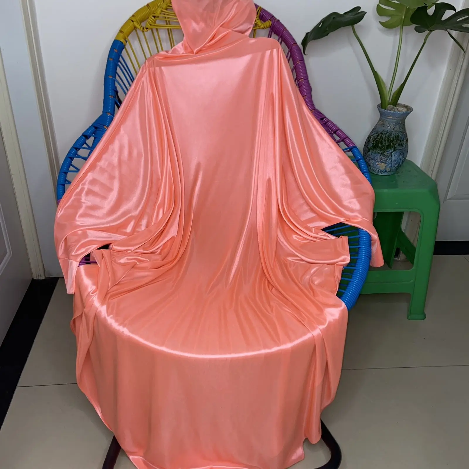 

Plus Size Fetish Pink Man Women's Silky Touch Soft Hooded Head Robe Cover Long Batsleeve Dress Private Party Ice Silk Clothing