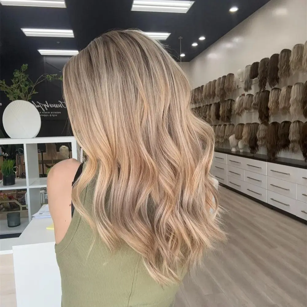 

Balayage Blonde Wig 24" Ash Roots Synthetic Fiber Lace Front Wig Wavy Blend Human Hair Ladies Everyday Wigs High Heat Fibre