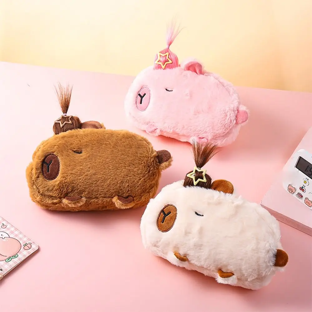 Cute Pen Holder Capybara Stationery Bag Novelty Storage Bag Capybara Pencil Bag Zipper Afro Hair Plush Pen Case Office