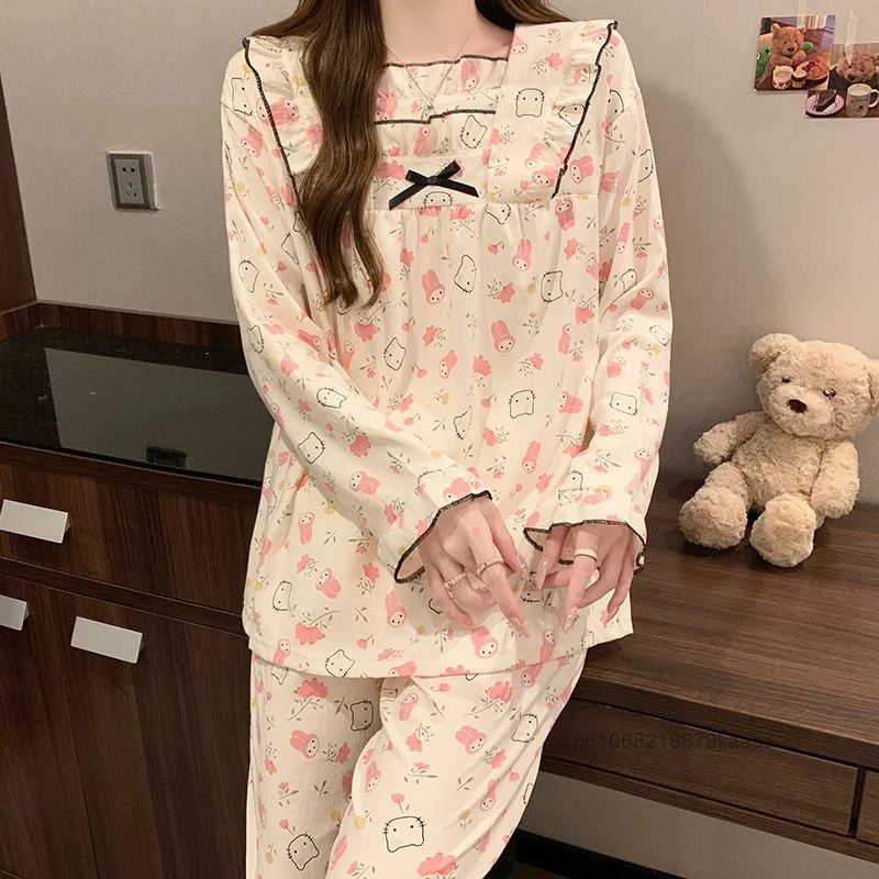 Sanrio Hello Kitty My Melody Cute Pajamas Niche Design Female Long Sleeved Sleepwear Sweet Soft Y2k Girl Harajuku Home Suit Set