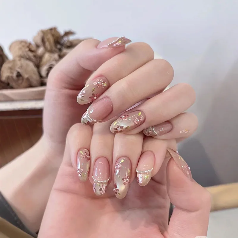 

10Pcs/Set Press On Acyrlic Ice Cat's Eye Handmade Fake Nails Short/Medium Almond 3D Mirror Flower Pearls Decor Nude French Nails