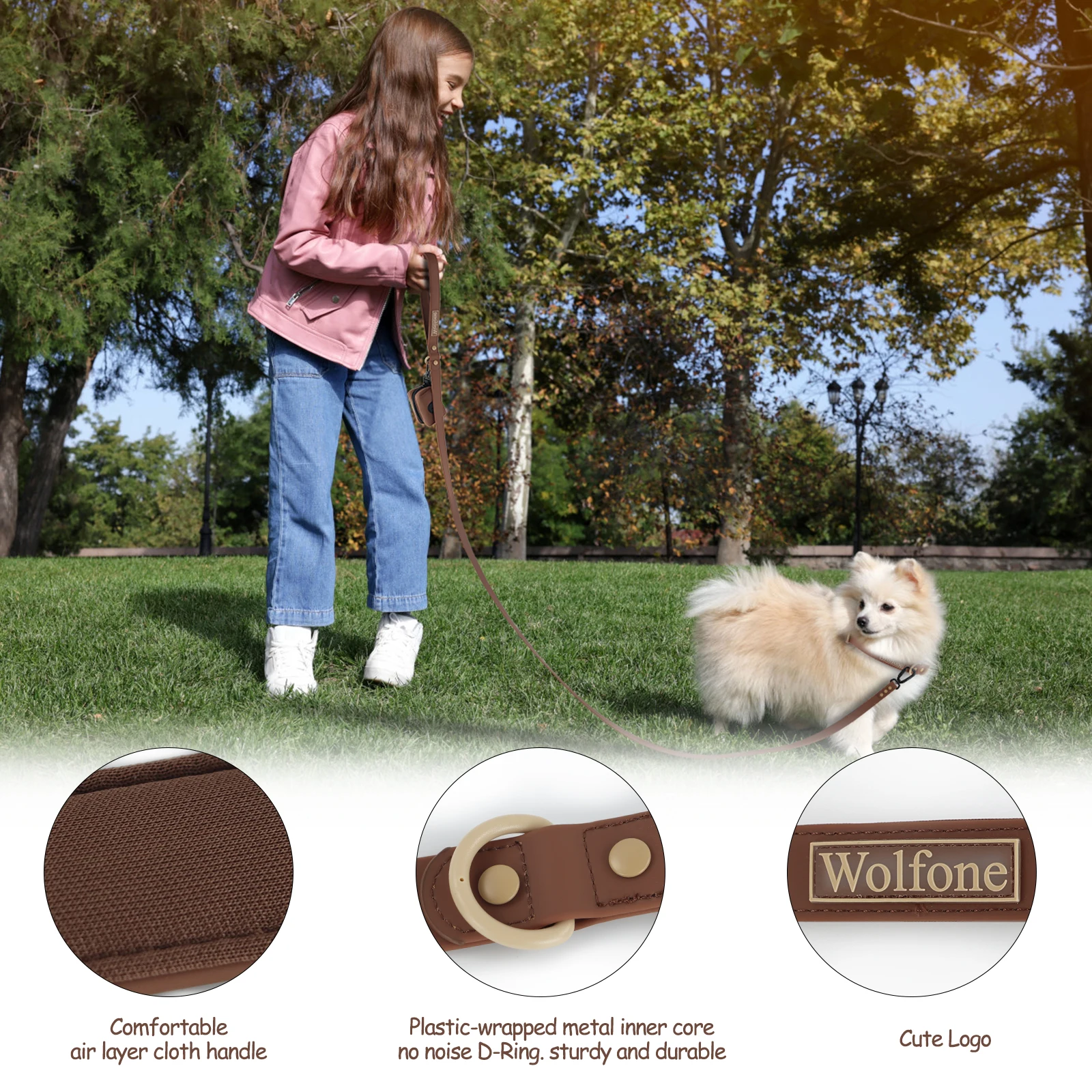 Farbblockierender Nieten-Hundeleinen-Griff und luxuriöse Schokoladenbraune Universal-Hundeleine für große, mittlere und kleine Hunde – Detail 1