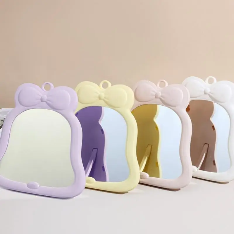 1 pz specchio per trucco da tavolo con fiocco tinta unita semplice specchio per trucco portatile portatile pieghevole studente compatto specchio tascabile carino