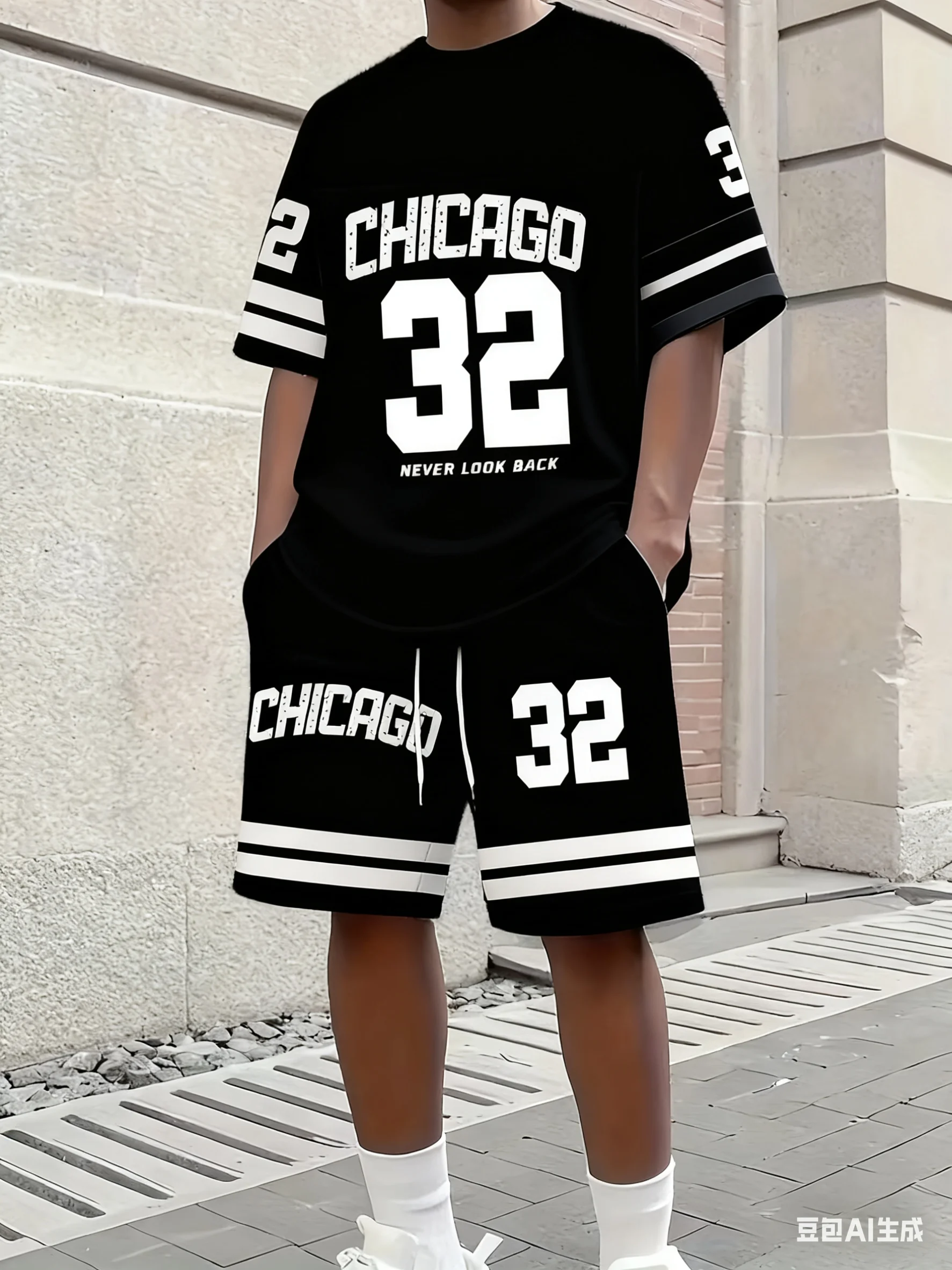 

Summer Men's Casual Chicago NO.32 Print Short Sleeve T-Shirt & Shorts Set Round Neck Short Sleeved Women's T-shirt Shorts Set