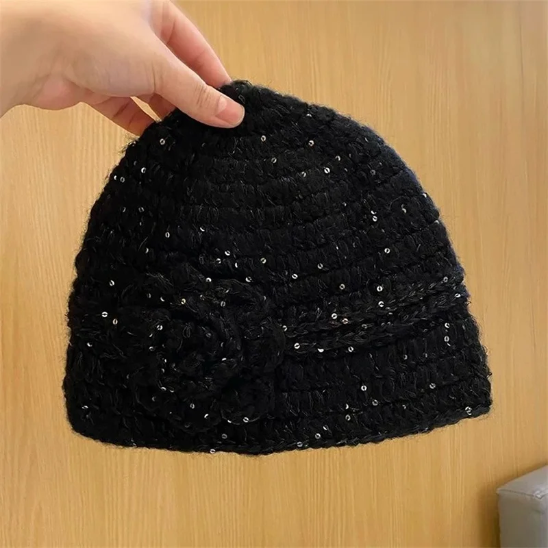 Hand-knitted Hats for Women Delicate Glittering Flowers  Knitting Stitches Fashion Warm Autumn and  Winter Female  Cap