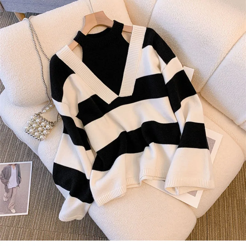 Fake Two Pieces Neck Show Shoulder Striped Women's Autumn 2024 New Long-sleeved Pullover Knitted Sweater Chic Top