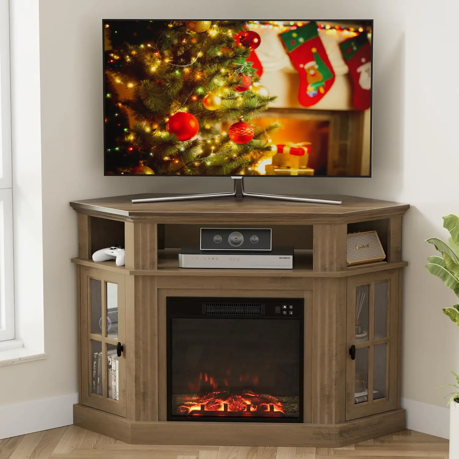 Corner TV Stand Fireplace For 55 Inch TV, Entertainment Center With Electric Heater, Living Room Furniture, Brown, Customized