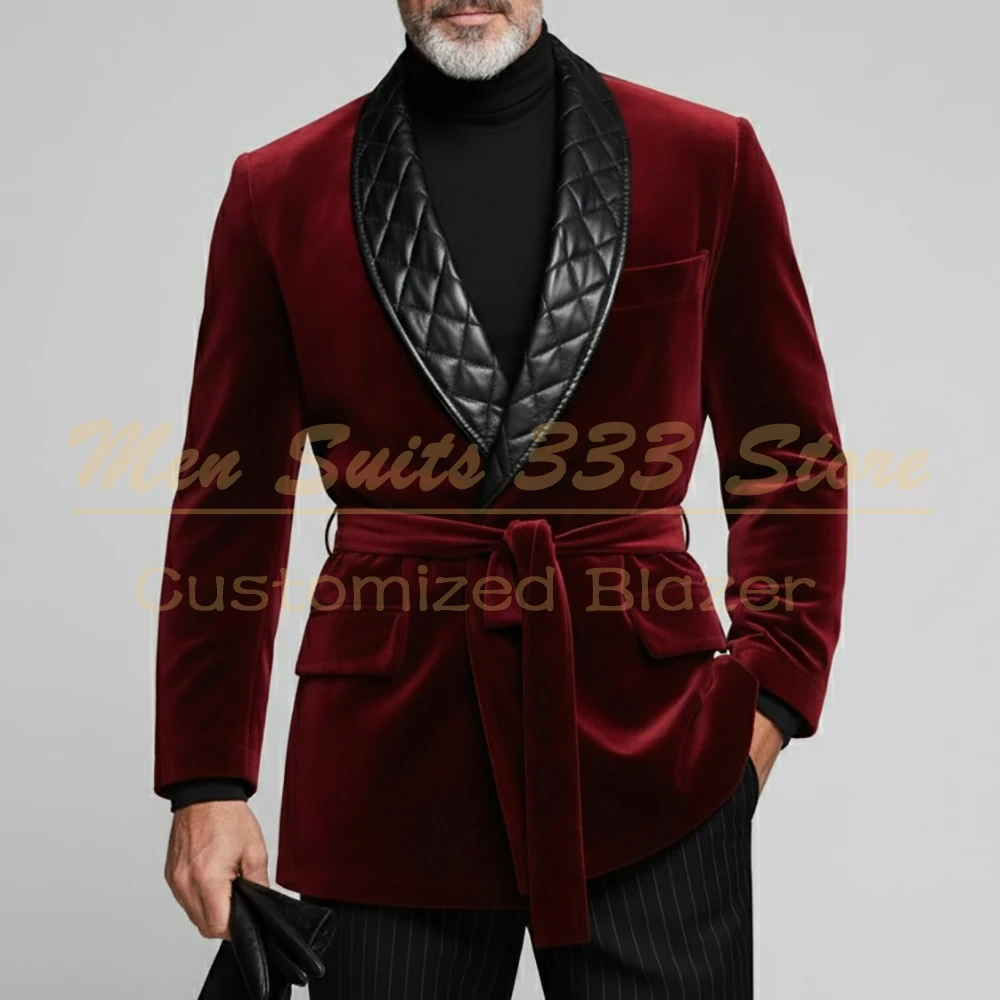 

Customzied Men's Suits Blazer Elegant Burgundy Velvet Jacket With Black Stripe Pants 2 Piece Formal Wedding Male Clothing Terno