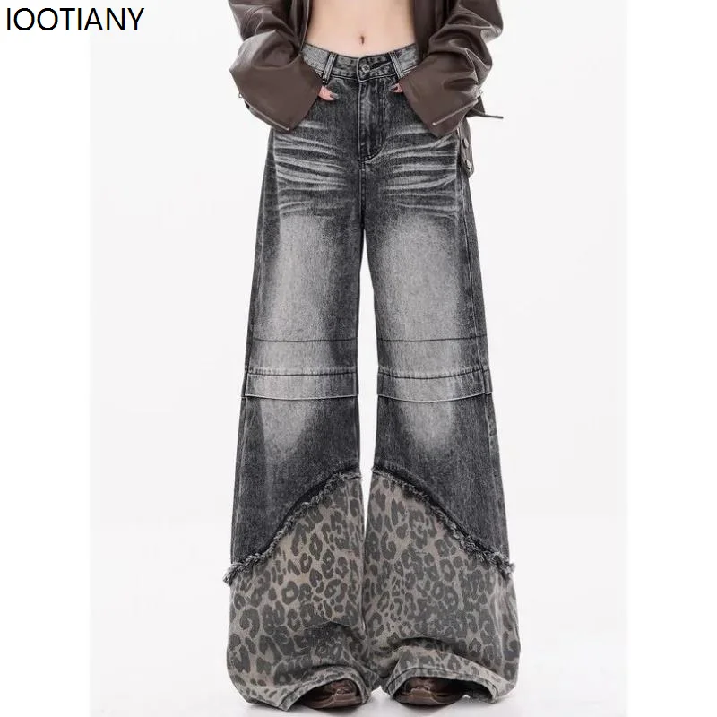 

Y2k Vintage Distressed Patchwork Leopard Print Women's Jeans Harajuku Wide-leg Korean Fashion Jeans Loose Street Trend Pants