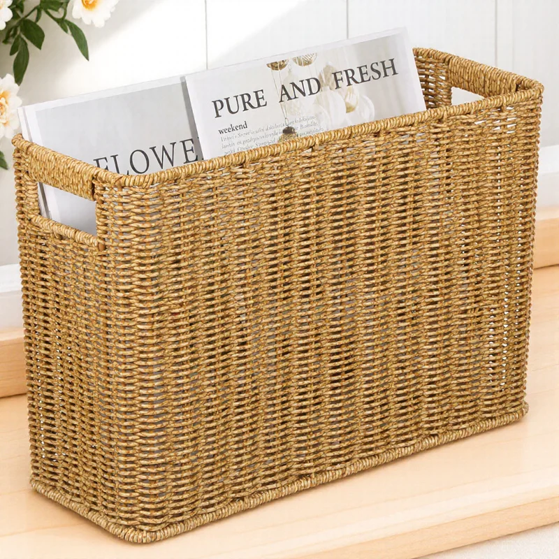 

Imitation Rattan Weave Storage Basket Large Capacity Hollow Handle Desktop Organizer For Home Sundries Snack