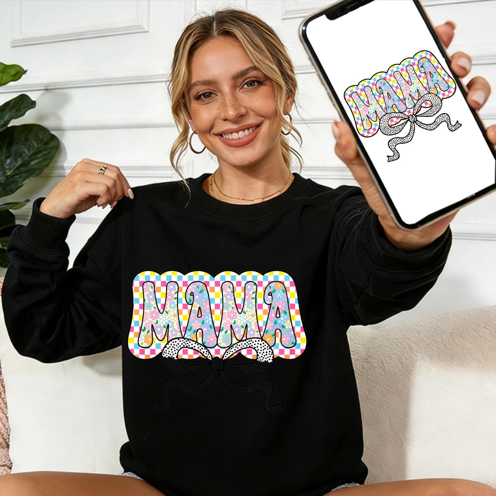 

Retro Checkered Floral MAMA Sweatshirt Polka Dot Bow Crewneck Relaxed Pullover Playful Mom Gift with Colorful Patchwork Design