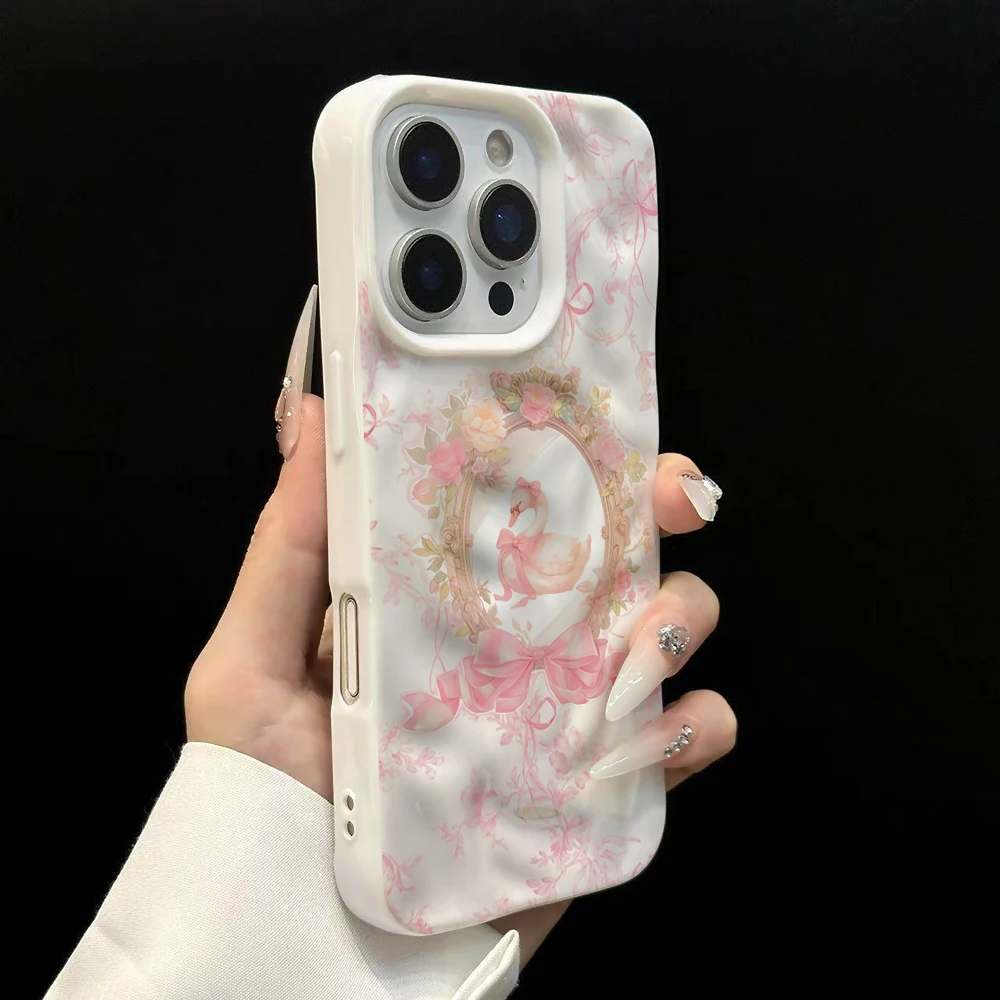 Koreanisches Mädchen Niedliches Schwanenmuster Handyhülle für iPhone 17 16 15 14 13 12 11 Pro Max 14 Plus 17Air Falten-Wellen Weiche Silikonhülle – Detail 8